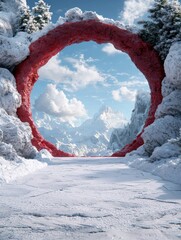 Canvas Print - Snowy winter landscape with red arch