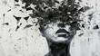 © Zhanna - A striking monochrome abstract artwork depicting a human face shattered into countless fragments. The dynamic and chaotic composition conveys themes of fragmentation, identity, and turmoil.