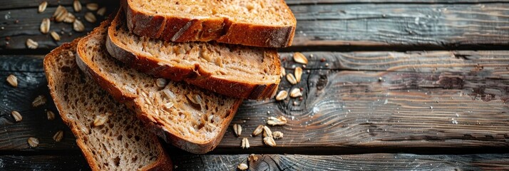 Sticker - Aerial perspective of multiple slices of whole grain bread arranged on a wooden surface.