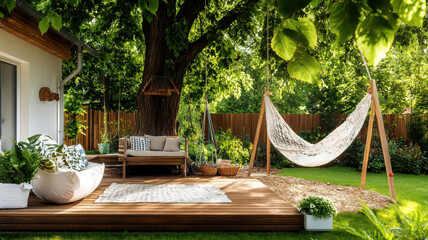 A tranquil outdoor space with a cozy hammock, lush greenery, and modern furniture, perfect for relaxation and leisure.