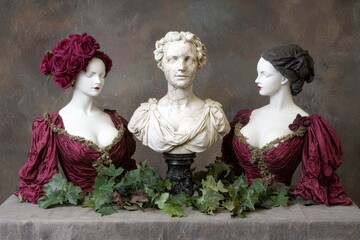 Poster - elegant women in red dresses with floral headpieces and marble bust