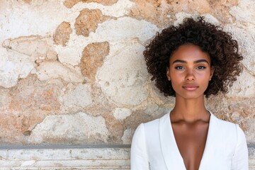 Poster - confident young woman with curly hair posing in front of stone wall