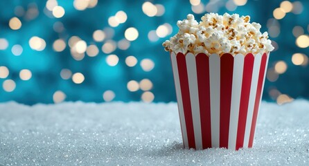 Canvas Print - Popcorn in a striped box on a snowy background with bokeh lights