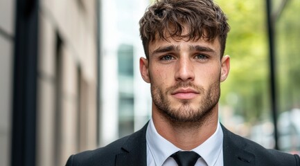 Poster - Serious young businessman with curly hair