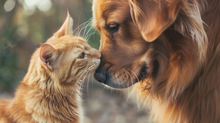 Sticker - A Golden Retriever and a Cat Touching Noses