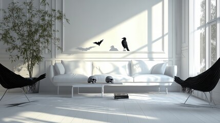 Wall Mural - Serene Minimalist Living Room with Silhouetted Birds