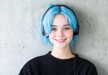 Poster - smiling woman with blue hair and headphones