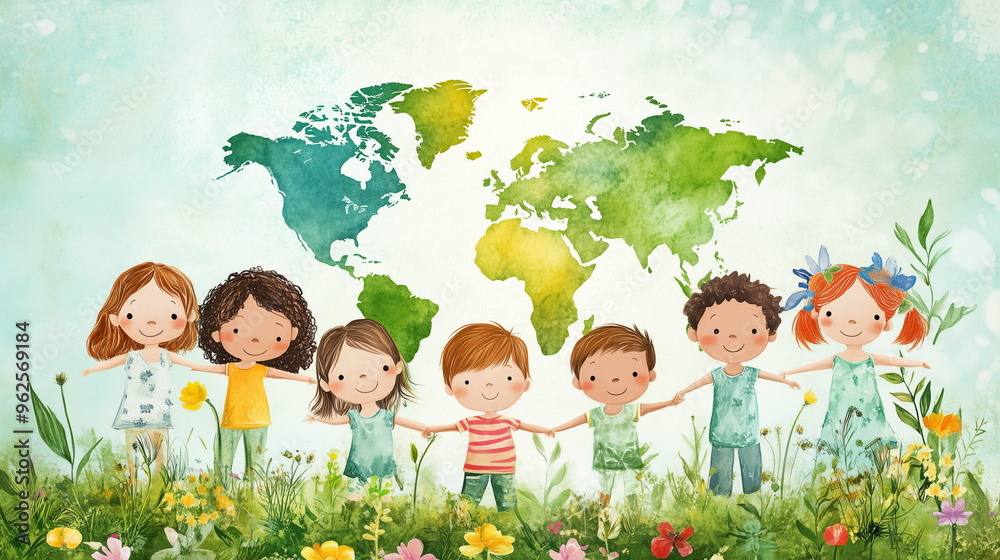 Illustration of seven children of different races holding hands ...