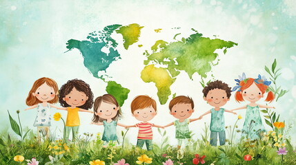 Illustration of seven children of different races holding hands standing on a lawn with flowers and grass against a world map. Multicultural, community, peace, harmony, natural environment protection.