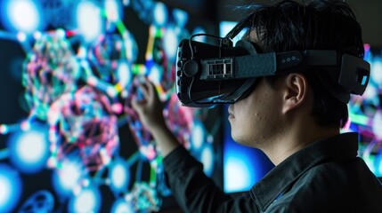 Poster - Man Wearing VR Headset Interacting With A Digital Interface