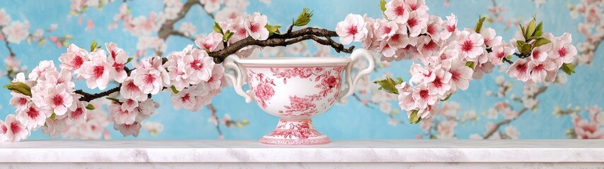 Sticker - beautiful cherry blossom branch with antique porcelain vase