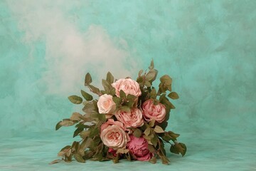 Sticker - Bouquet of pink roses and peonies on teal background