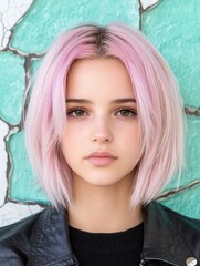 Canvas Print - young woman with pink hair in front of turquoise wall