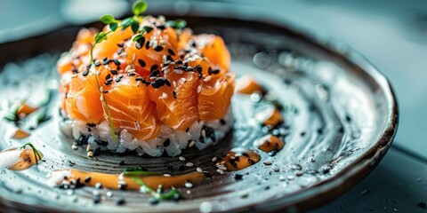 Canvas Print - Close-up of gourmet fish tartar made with salmon fillet, featuring glasswort, nori, and Japanese spices presented on a contemporary plate.