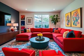 Wall Mural - Red Sectional Sofa and Vibrant Artwork in Modern Family Lounge Interior