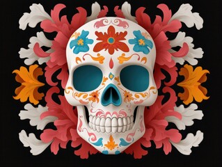 Poster - colorful day of the dead skull with floral ornaments