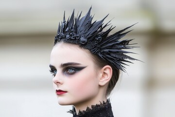 Sticker - dramatic gothic fashion portrait with dark feather crown