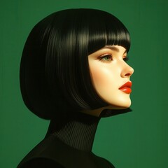 Poster - Woman with black bob hairstyle, red lips, and green eyes.