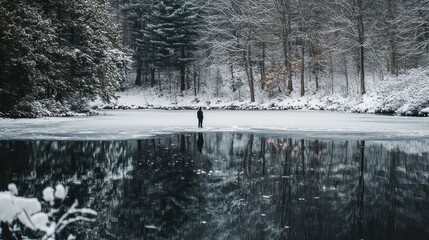 Canvas Print - Solitary Figure on a Frozen Lake in a Snowy Forest