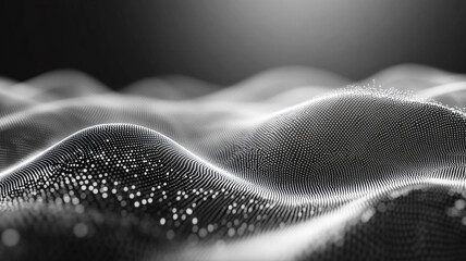Poster - Abstract illustration of flowing digital waves with intricate dot patterns in monochrome tones