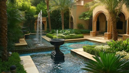 Poster - Tranquil Courtyard with Fountains and Lush Greenery