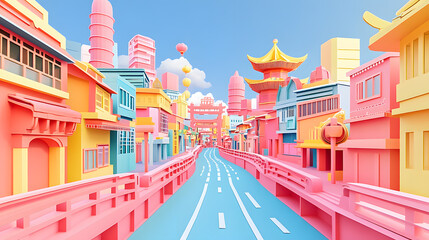 Chinatown street scene, cars and buses in motion, surrounded by bold red paper cut craft elements.A red-hued paper cut craft city street.