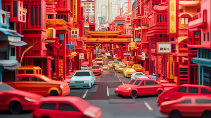 Chinatown street scene, cars and buses in motion, surrounded by bold red paper cut craft elements.A red-hued paper cut craft city street.