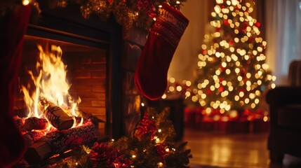 Sticker - Cozy Christmas Fireplace with Decorated Stocking and Blurred Christmas Tree in Background