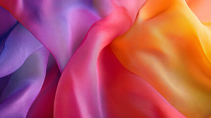 Poster - Colorful flowing fabric in vibrant shades of red, orange, and purple, illuminated by soft light
