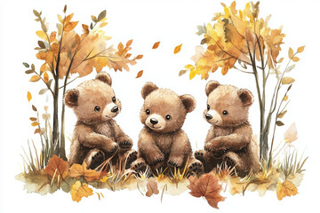 bears autumn fall animals nature cute forest trees wildlife teddy kids playful trio leaves friends illustration art soft brown happiness childhood season landscape 