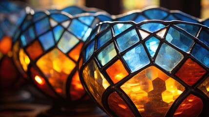 Wall Mural - Close up of medieval Elizabethan leaded glass window diamond shape thick hand blown historic glass light shadows on ancient historic wood window 