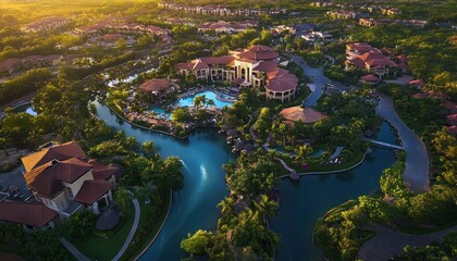 Sticker - Aerial View of Luxurious Resort with Winding Waterways and Lush Greenery