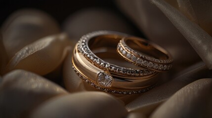 Wedding couple rings over silk fabric