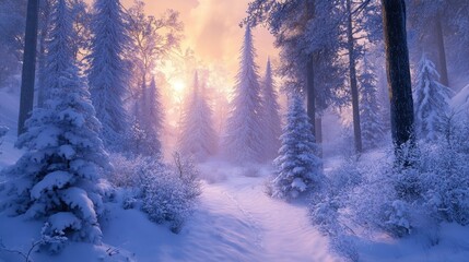 Poster - Snowy Path Through a Sunlit Forest