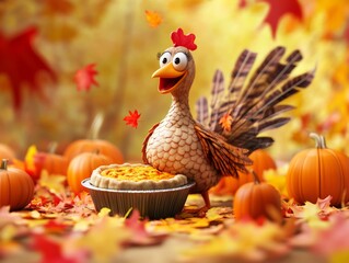 Poster - 3D Thanksgiving Illustration. Turkey with Pumpkin Pie, Pumpkins, and Autumn Leaves