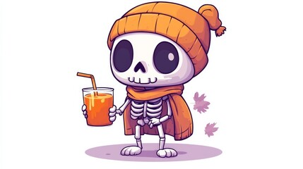 Wall Mural - A skeleton is holding a glass of orange juice and wearing a hat