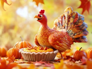 Poster - 3D Thanksgiving Illustration. Turkey with Pumpkin Pie, Pumpkins, and Autumn Leaves
