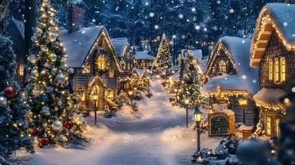 Wall Mural - Snowy Christmas Village with Decorated Trees and Streetlights