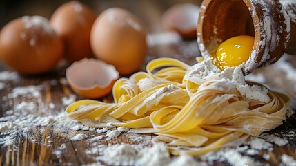 Egg yolk pouring on fresh pasta dough