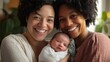 © Thavesak - LGBTQ+ Mothers Share a Heartwarming Moment Cradling Their Newborn, Surrounded by Soft Natural Light and a Neutral Backdrop of Love and Unity