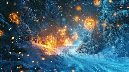 Sticker - Snowy Forest Path Illuminated by Glowing Spirals