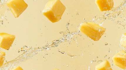 a close up of a bunch of yellow cubes in a glass of water