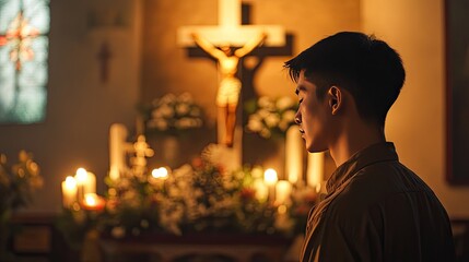 An Asian man praying in a church, with a candlelit altar and a cross in the background, creating a peaceful and reverent atmosphere.