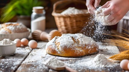 Preparing fresh bread dough with flour and yeast