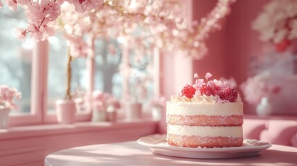 A white cake with pink frosting