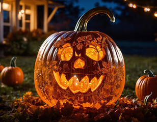 Wall Mural - highly detailed carved transparent crystal Pumpkin, glowing from inside in the middle of a pumpkin patch at night