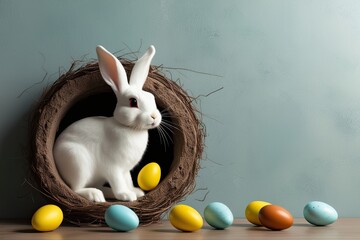 Sticker - Easter Bunny Emerging from Cozy Burrow Surrounded by Colorful Chocolate Eggs on Tranquil Wall Landscape