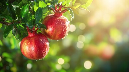 Two red apples hanging from a tree