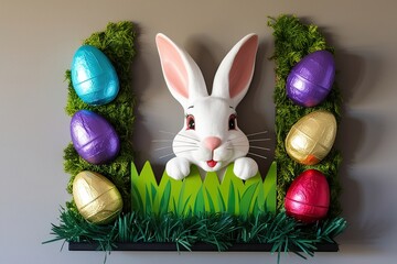 Sticker - Cheerful Easter Bunny Hidden in Colorful Patch Surrounded by Delicious Chocolate Eggs on Adorable Wall Display