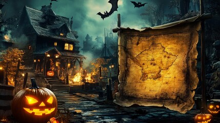 Wall Mural - A Halloween themed image with a large map on a wall